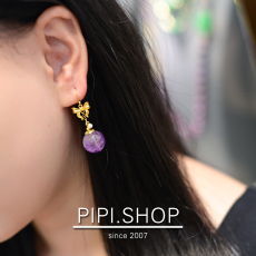 Серьги pipishop 天然紫超七圆珠淡水珍珠925银镀金蝴蝶结长版耳环