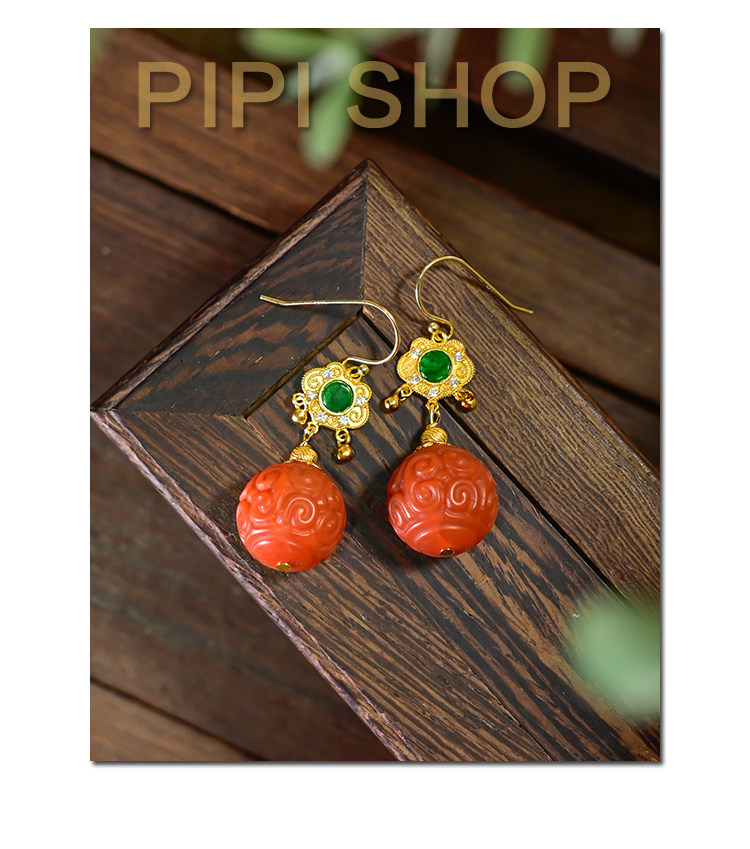 Серьги pipishop 天然南红玛瑙回纹雕刻圆珠天然翡翠镶嵌银镀金如意耳环