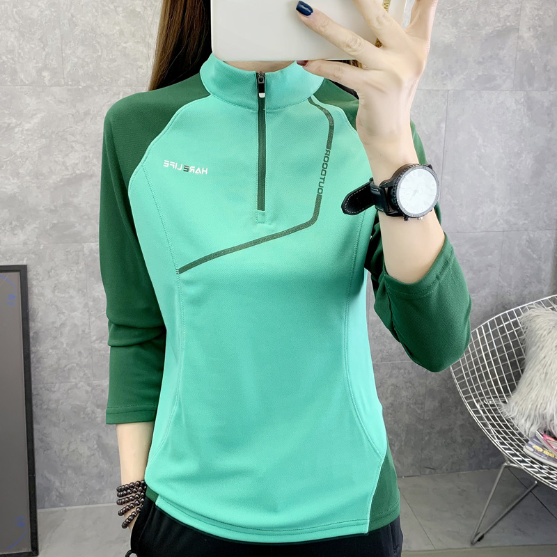 Slimming quick-drying women's spring and autumn elastic color-blocking long-sleeved T-shirt outdoor fitness morning running breathable quick-drying sports undershirt - Taobao