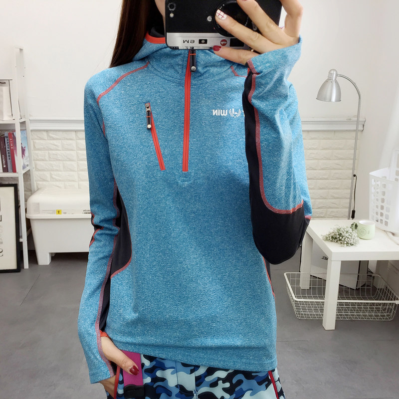 Spring and Autumn Quick Dry Clothes Women's Trendy Outdoor Mountaineering Riding Fitness Hooded Pullover Thin Velvet Running Pants Thick Cotton T New