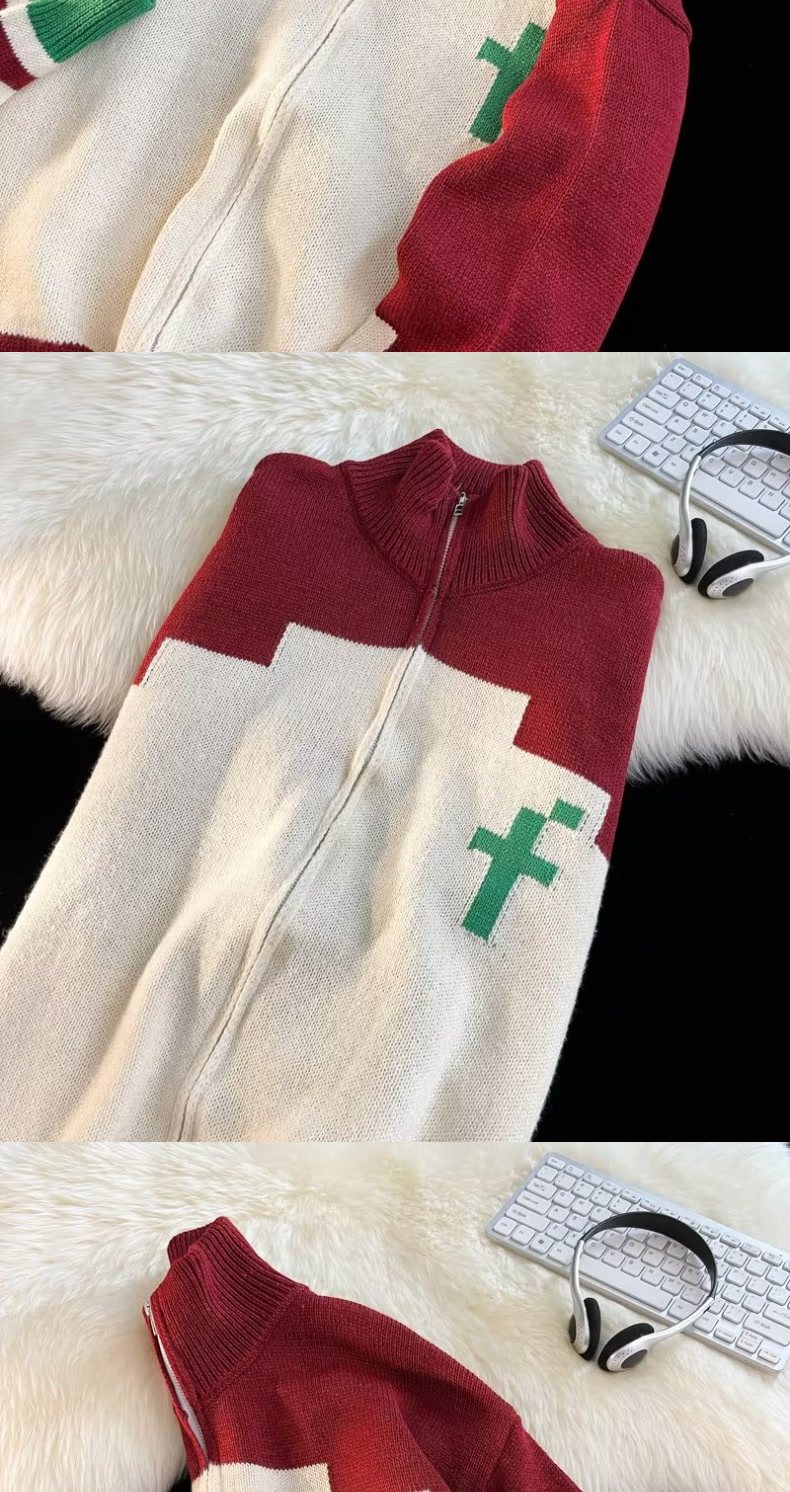 Women's Knitted Sweater Long Sleeve High Collar Colour Block_voghion.com