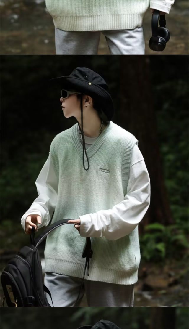 Gradient V-neck embroidered knitted pullover with vest sweater XZ307-MY2335-P55_voghion.com
