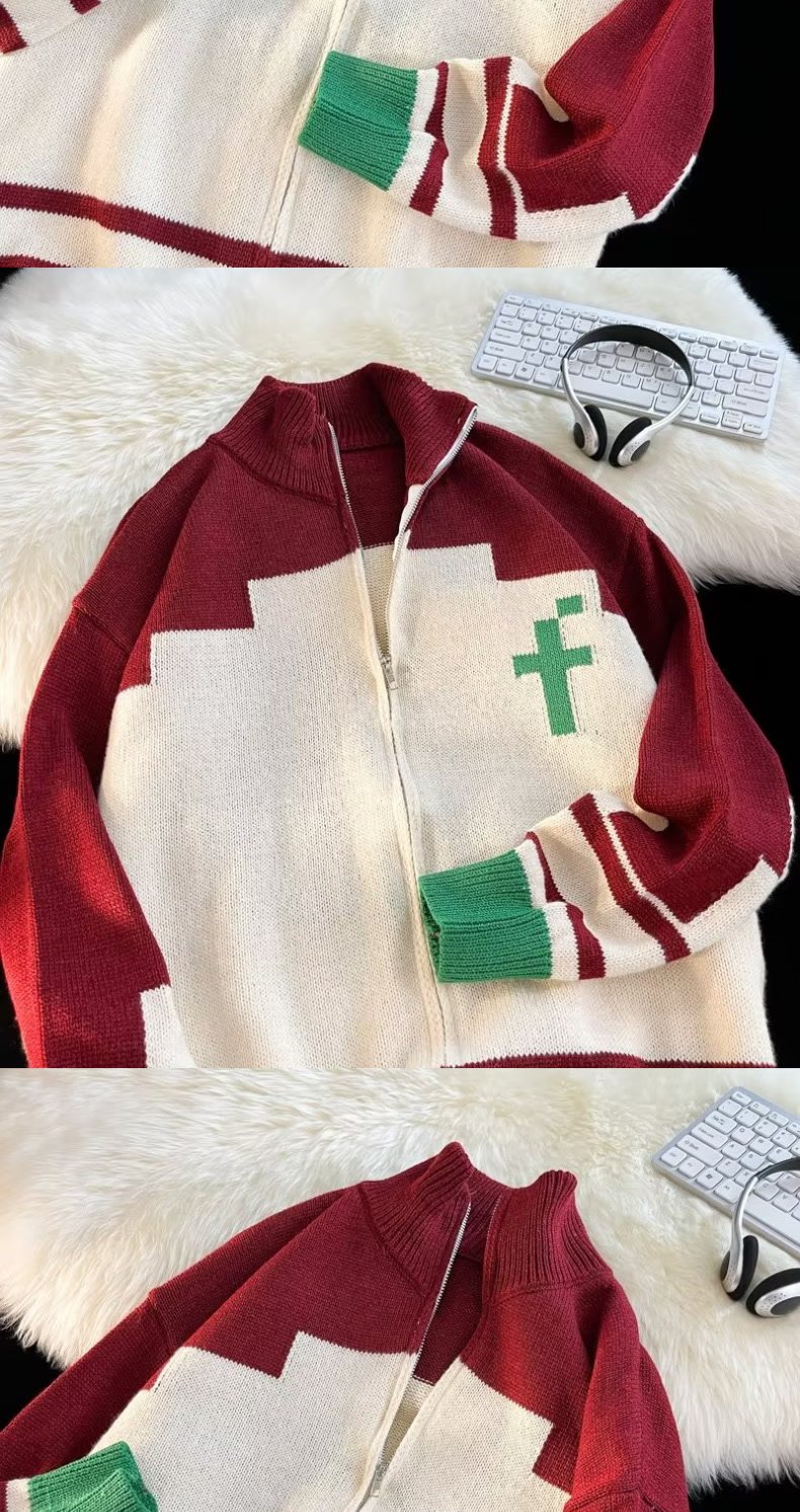 Women's Knitted Sweater Long Sleeve High Collar Colour Block_voghion.com