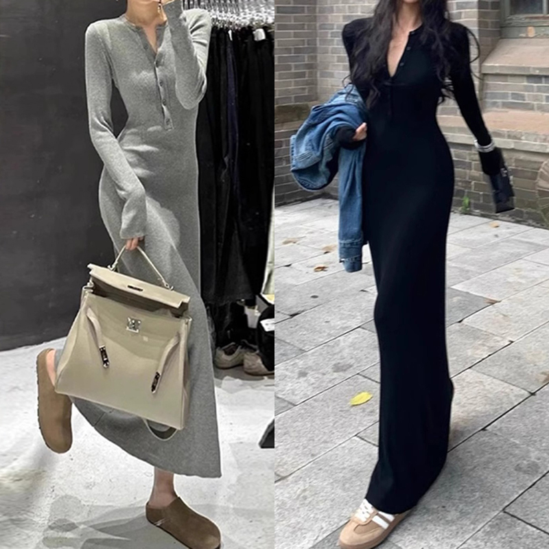 High-End Button-Down Collar Long-Sleeved Dress for Women, Spring and Autumn Slim Fit, Slimming Ribbed Ankle-Length Dress, Solid Color Inner Dress High-End Button-Down Collar Long-Sleeved Dress for Women, Spring and Autumn Slim Fit, Slimming Ribbed Ankle-Length Dress, Solid Color Inner Dress