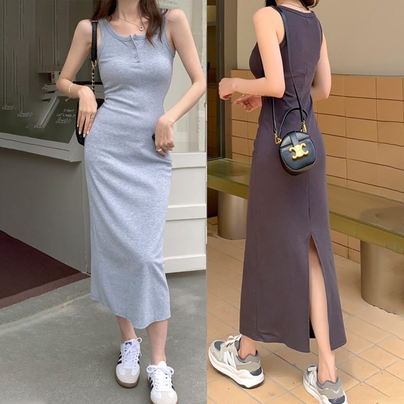 Elegant Ribbed Slim-Fit Tank Dress for Women, Summer Half-Open Collar Bodycon A-Line Long Dress, Stylish Dress with Inner Slip Dress