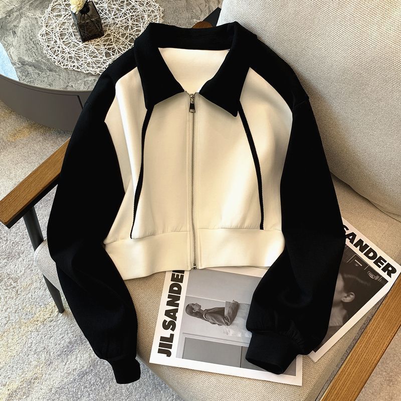 Spring and Autumn New Short Polo Collar Long Sleeve 2023 Cardigan Sweatshirt for Women, Thin Harajuku Style Zipper Niche Top