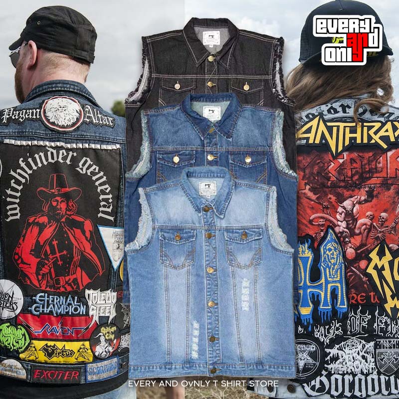 Denim Vest with Distressed Holes, Metal Rock Style, Special Sewing Fabric Label Patch, Sleeveless Denim Vest for All Seasons