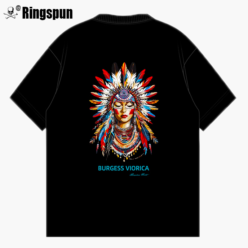 Ringspun Indian Girl Color-Changing Trendy Heavyweight Pure Cotton Embroidered Short-Sleeve T-Shirt for Men, Summer American High Street Style