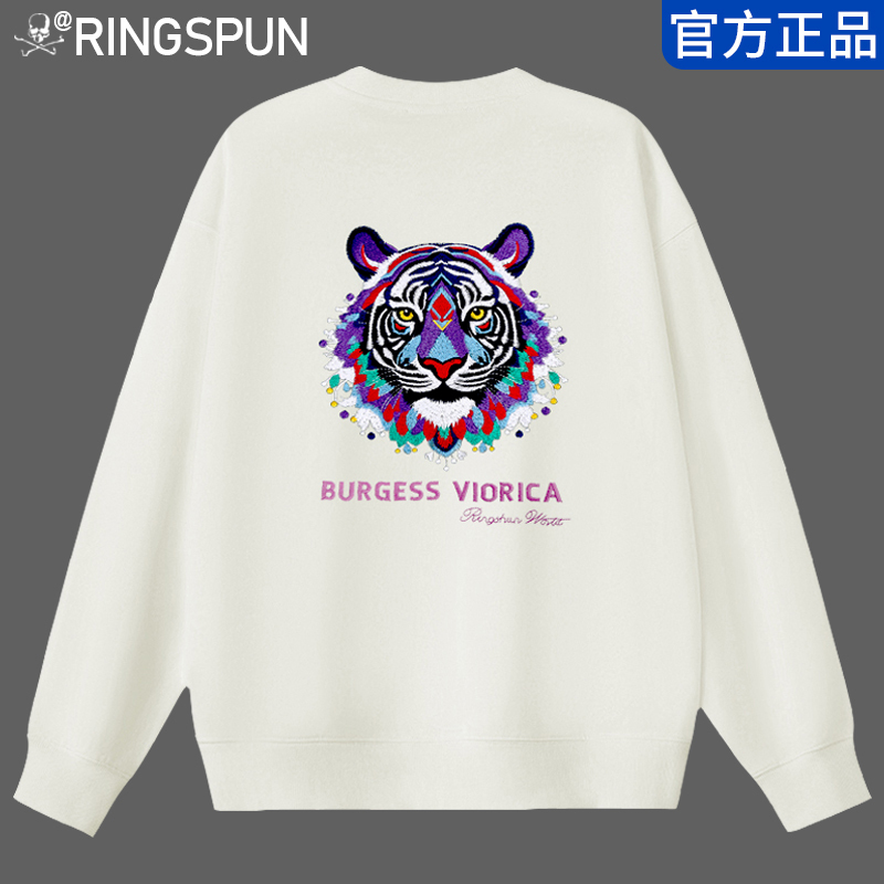 Ringspun Tiger Head Street Embroidery Sweatshirt for Men, Autumn Tiger Heavyweight Couple Outfit, American Style Loose Trendy Brand Top