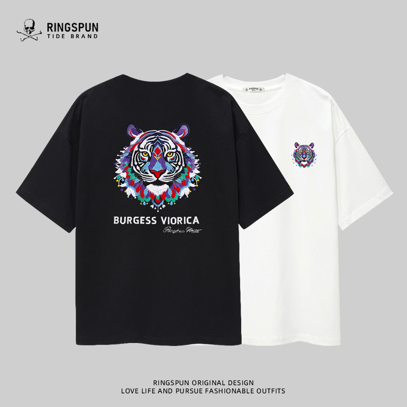 Ringspun Tiger Head 2026 Design Heavy Embroidery Pure Cotton Heavyweight Trendy American Style Short Sleeve T-Shirt Men's Top Ringspun Tiger Head 2026 Design Heavy Embroidery Pure Cotton Heavyweight Trendy American Style Short Sleeve T-Shirt Men's Top