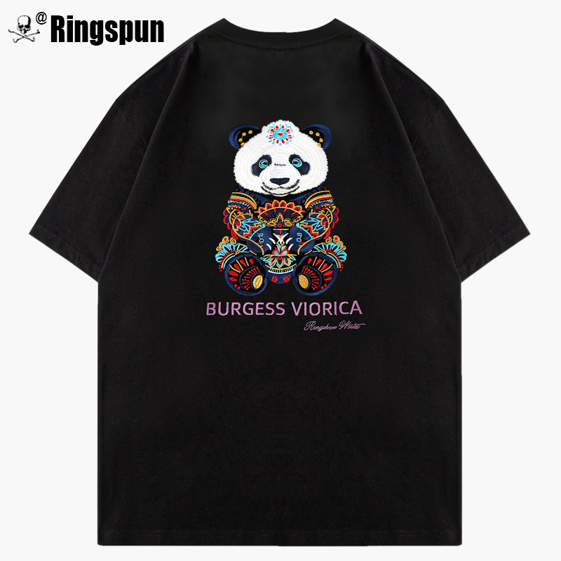 Ringspun Color-Changing Trendy Brand Panda Heavy Embroidery Short-Sleeve T-Shirt Unisex Heavyweight Pure Cotton Trendy Couple's Top