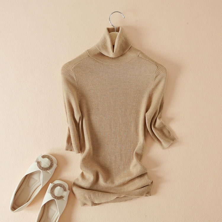 Spring and Autumn New Ultra-Fine Merino Wool Beige Turtleneck Base Knit Sweater Slim Fit Mid-Sleeve Sweater Top for Women Spring and Autumn New Ultra-Fine Merino Wool Beige Turtleneck Base Knit Sweater Slim Fit Mid-Sleeve Sweater Top for Women