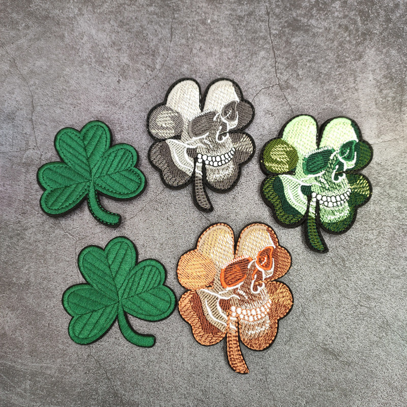 Tide personality Skull Skull Fun Badge Green Leaf Embroidery Magic Sticker Arms Chapter Morale Badge Clothes Breaking Hole and Shoulder Bag Patch
