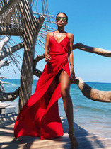 Goddess European and American tropical island vacation high split one-piece satin dress long skirt LMLKB-39