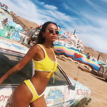 LOVEMILK European and American sexy pleated vest white edging bikini swimsuit Lemon yellow LGB-325