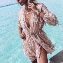 Limited Goddess Gold Sequin Tassel Nude Holiday Luxury Sexy V-neck Dress LGB-74