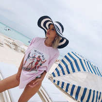 Original design tropical beach vacation retro 90 s poster wind loose T top pink LMLKB-25