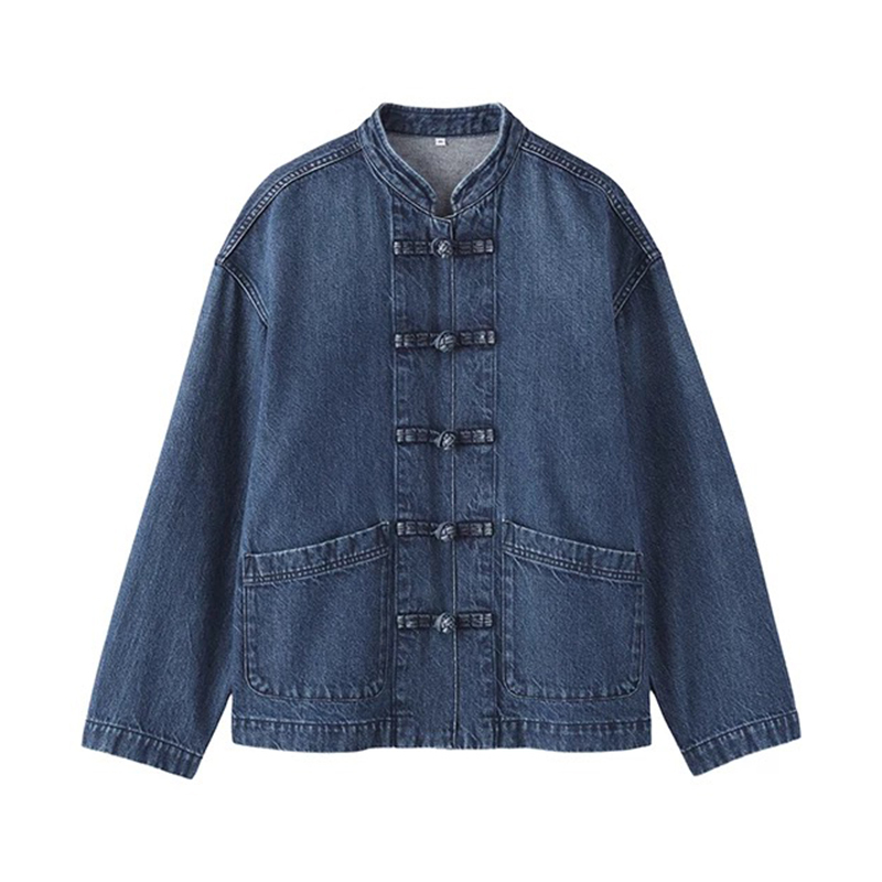 Unprinted Cotton-Blend Denim Jacket, New Chinese-Style Button-Up Short Jacket for Women, Loose Retro Washed Pure Cotton Denim Jacket
