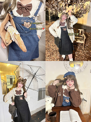 taobao agent Cream genuine design denim summer dress, plus size, with little bears, fitted, long sleeve