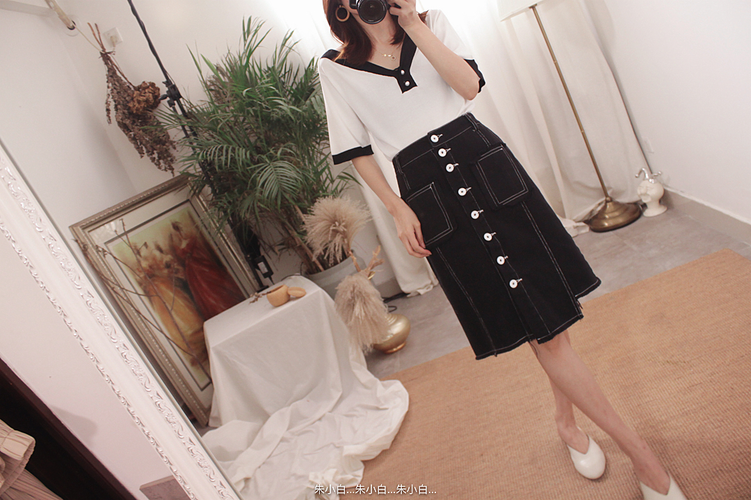 Pháp retro tương phản V-neckline lỏng ngắn tay áo len mỏng B 1811 áo phông nữ đẹp
