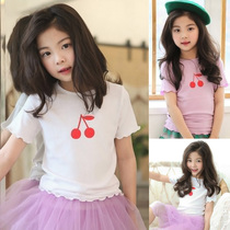 Rainbow bus Girls White Round Neck Short Sleeve T-shirt base shirt Cherry Top Cotton Summer 3365