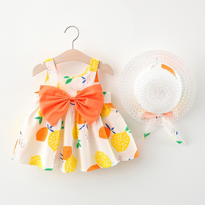 Orange Lemon - Collect And Buy Free HatBaby girl summer wear Foreign style girl Dress One year old baby Floral skirt pure cotton clothes children skirt Princess Dress