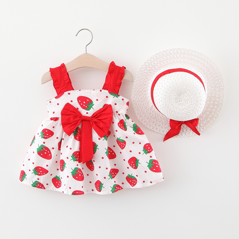 Red Strawberries - Free Hat For Collection And PurchaseBaby girl summer wear Foreign style girl Dress One year old baby Floral skirt pure cotton clothes children skirt Princess Dress