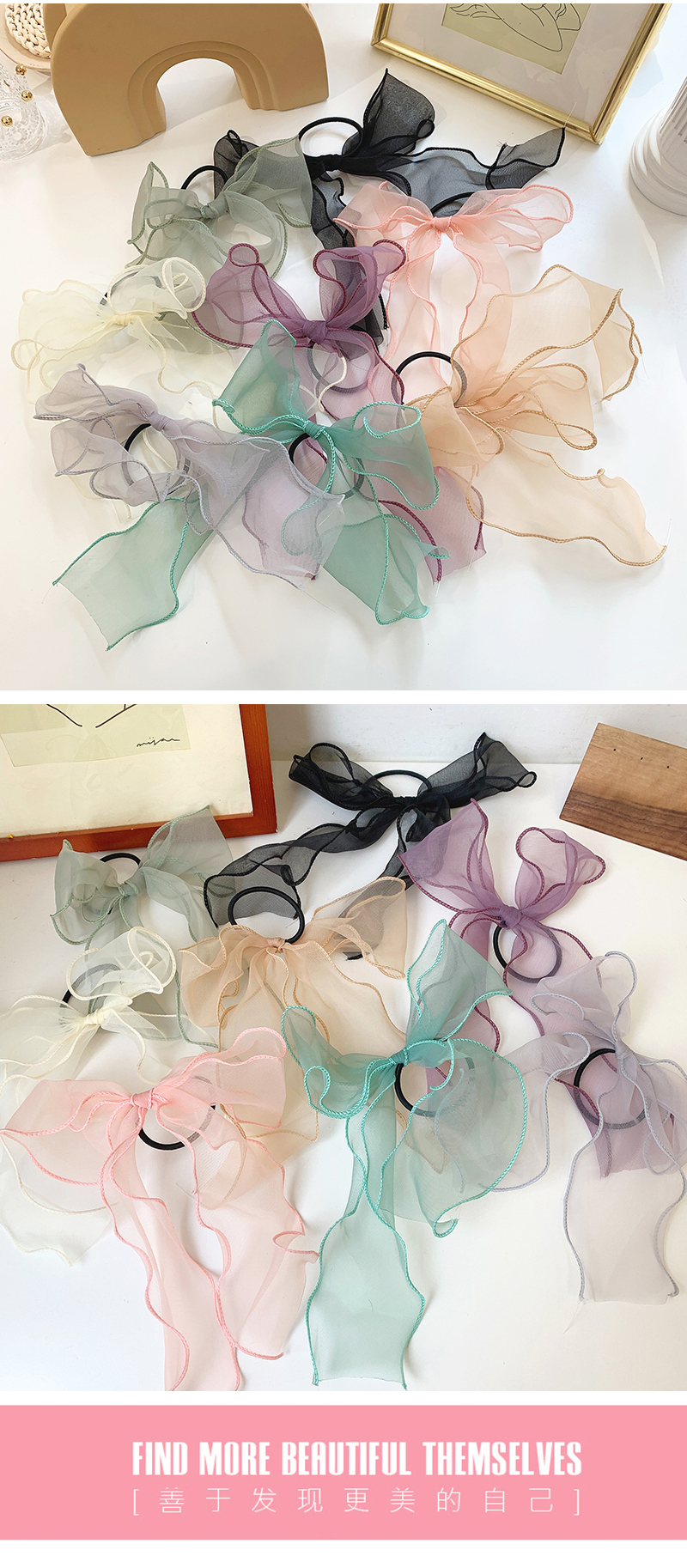 Korean New Fashion Yarn Quality Ribbon Large Bowknot Sweet Cheap Scrunchies Wholesale display picture 1