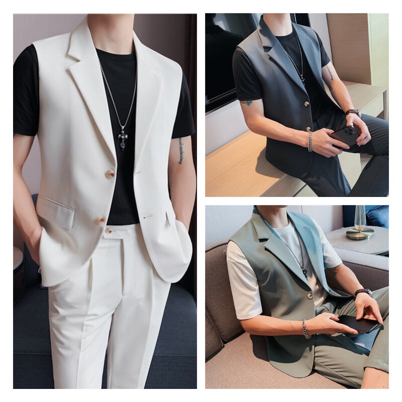 Sleeveless Suit Vest Set for Men, Summer Thin Style, Cool and Trendy Slim-Fit Suit Jacket, Hairstylist Trendy Brand Two-Piece Set