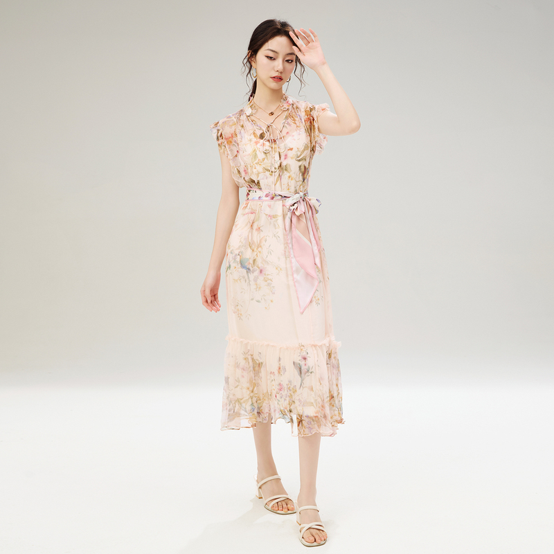 Maikou Floral Young Style Silk Mulberry Silk Dress 2026 Summer New French Style Pink Long Dress