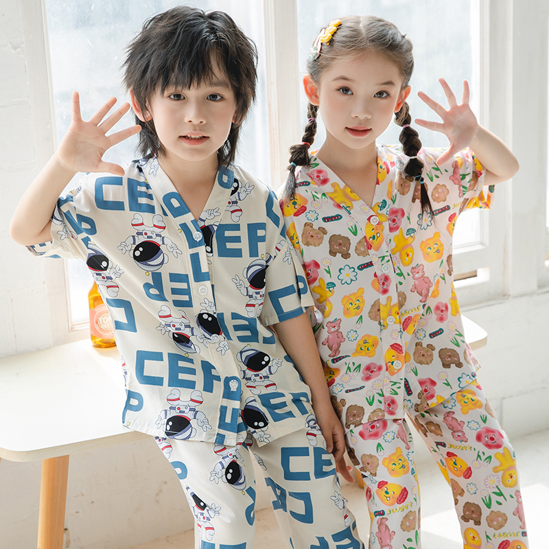 Summer Children's Cotton Silk Pajamas Set, New Style Air-Conditioned Clothing for Older Children, Girls and Boys Short-Sleeved Long Pants Cotton Silk Home Clothes