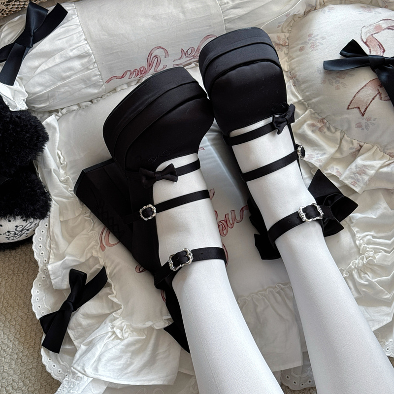 Black Cat Market In-Stock Silk Satin Knot Original Lolita High-Heeled Dark Punk Style Elegant Mary Jane Shoes Cosplay Shoes