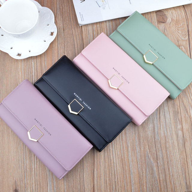 2023 New Folding Wallet Student Thin Ladies Horizontal Long Buckle Three-fold Soft Leather Hand Wallet Women