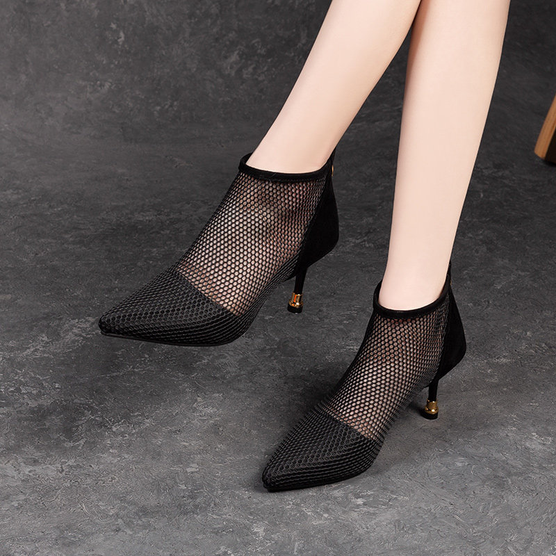 High heels mesh hollow women's shoes 2022 spring new Baotou pointed nubuck leather breathable mesh fine heel sandals