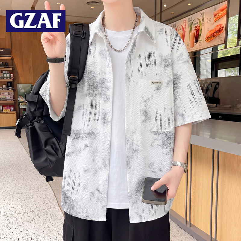 Gzaf New Tie-Dye Shirt Short-Sleeved Men's Summer Simple Breathable Shirt Loose Youth Student Lapel T-Shirt