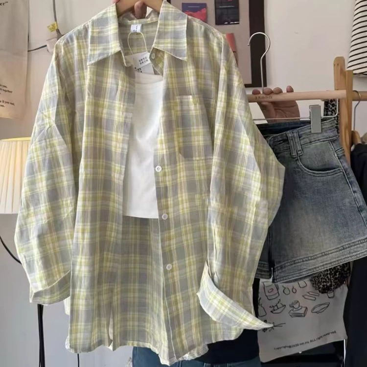 Plus-Size Long-Sleeve Plaid Shirt, Plaid Shirt Jacket for Women, 2026 New Style, Layered Sun-Protection Loose Cotton-Linen Top, Trendy