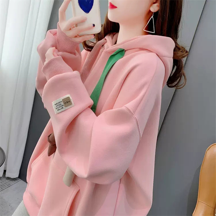 New Popular Spring and Autumn Style Loose Pocket Mid-Length Fleece-Lined Thickened Age-Reducing Lazy Style Hooded Sweatshirt Women's Jacket