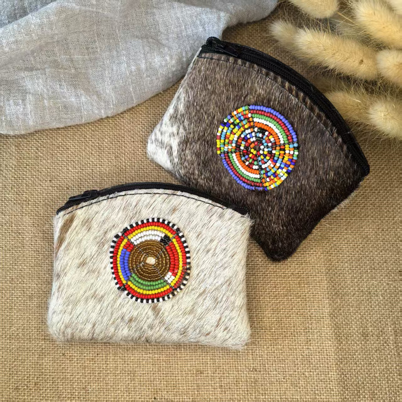 Afrina African Handicraft Coin Purse Portable Textured Cowhide Leather Integrated Beaded Maasai Bead Wallet Square Bag
