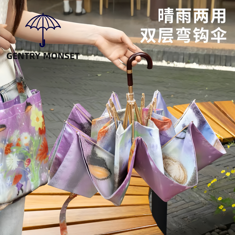 Japanese Gm Retro Double-Layer Curved Hook Umbrella for Women, Portable Folding Sun Protection Uv Protection Manual Sun Umbrella