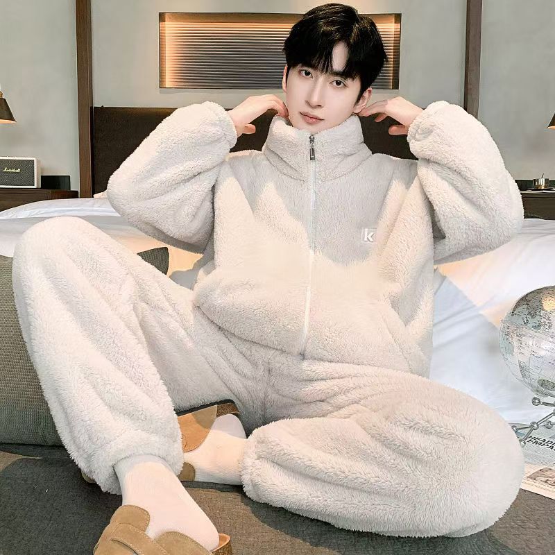 Snowflake Velvet Home Wear Winter Flannel Pajamas Set Coral Velvet Can Be Worn Outside Large Size Loose Warm Velvet Men's Winter