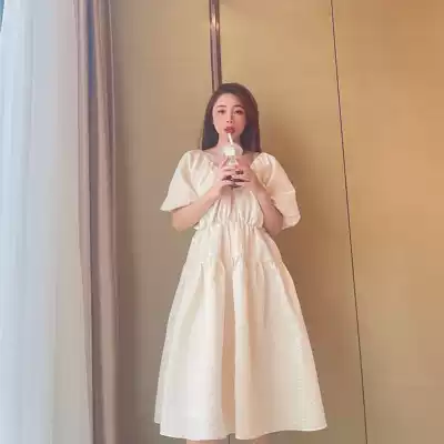 Zhao San your little sheep three-dimensional jacquard V-collar bubble sleeve dress female summer long version of puffy skirt view
