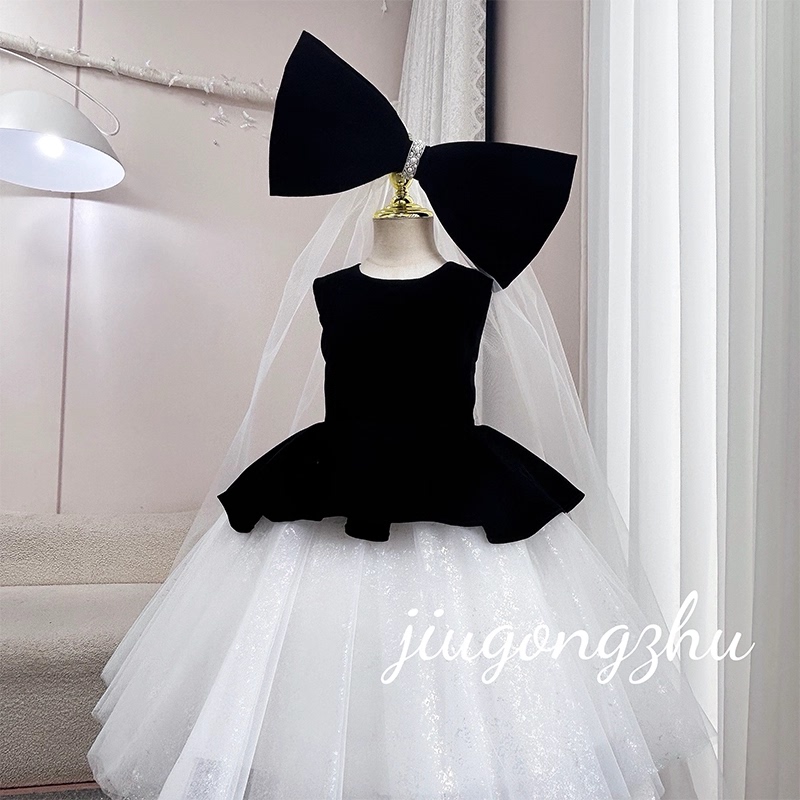 Princess Dress, Fashionable and High-End, Black Velvet Spliced with Mesh, Long-Sleeved Dress, Children's Small Dress for Performance