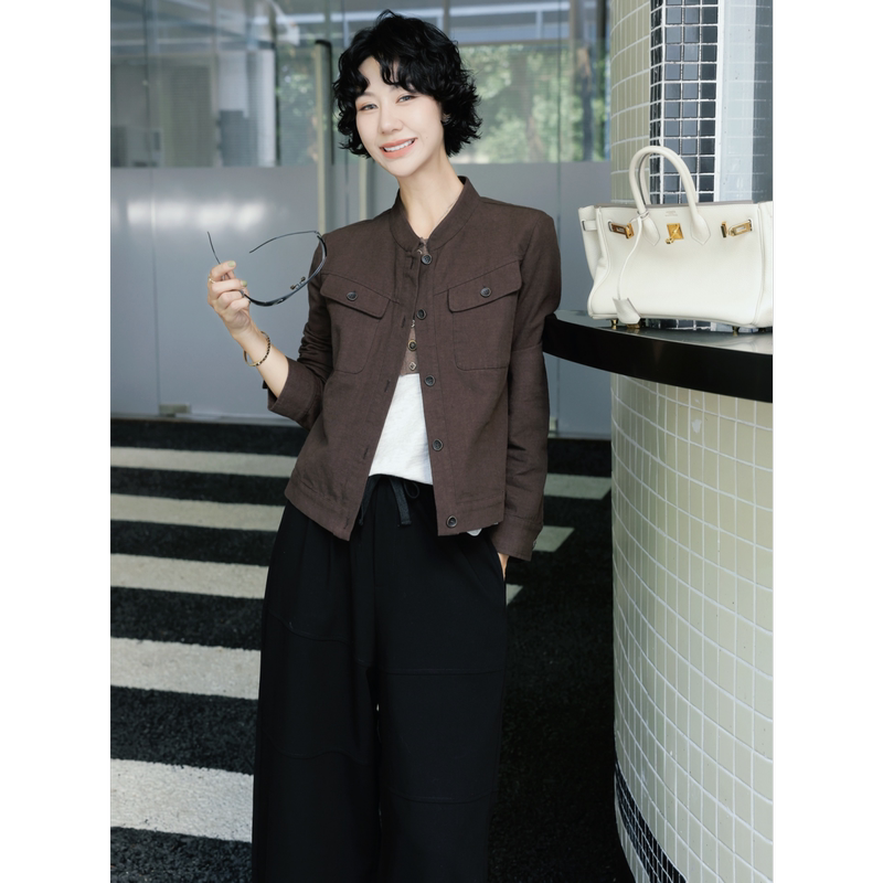 Tt Designer [Saint Paul] Vintage Textured Workwear Short Jacket for Women, Autumn, Skin-Tone Casual Top