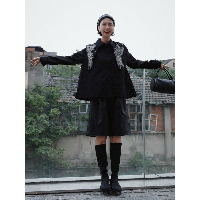 Tt Designer [Monologue] Retro Relaxed Black Shirt Women's Summer New Stylish Cardigan Long Sleeve Top