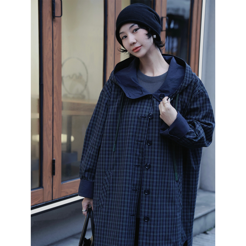 Tt Designer [Clue] Design-Conscious Niche Reversible Trench Coat for Women, New Spring Hooded Plaid Jacket