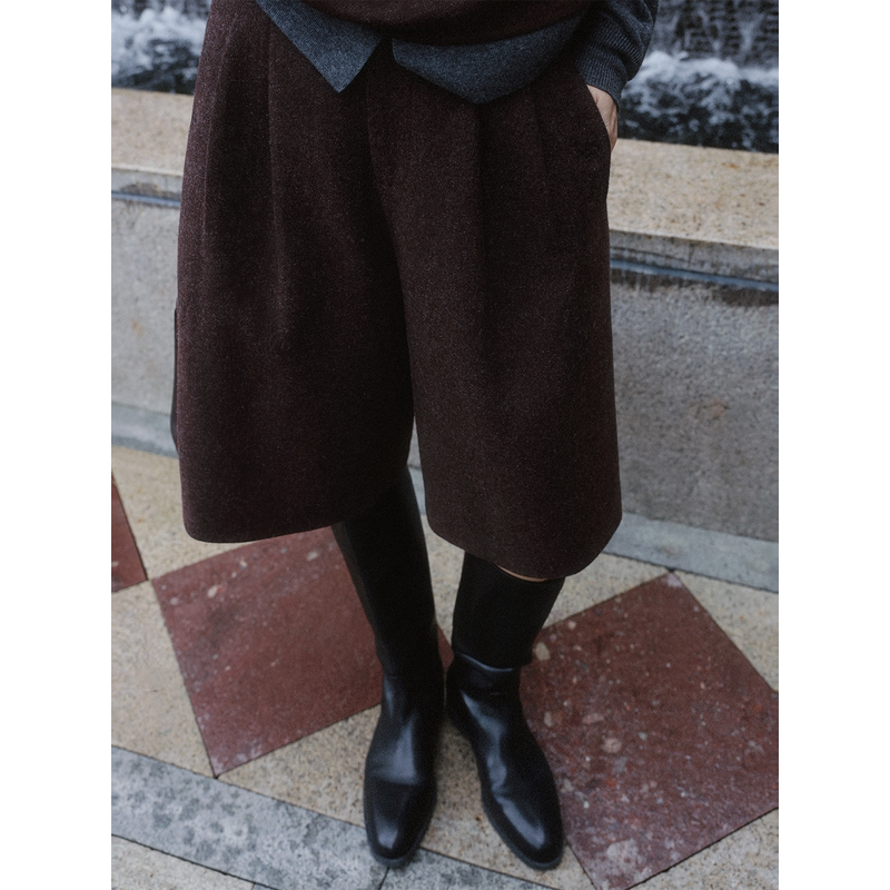 Tt Designer [Hot Coffee] Melard Design Wool Casual Pants for Women, Autumn Elastic Waist Cropped Pants