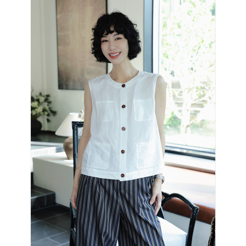 Tt Designer [Pure White Casual Chat] Tencel Linen Round Neck Sleeveless Vest for Women, Summer Thin Loose Tank Top Jacket