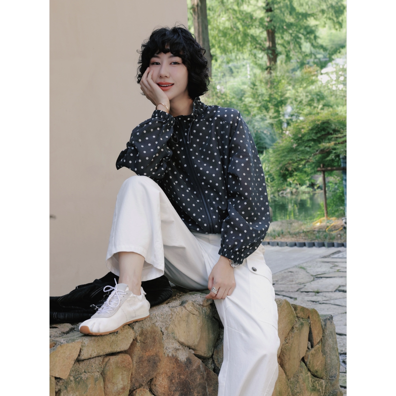 Tt Designer [Polka Dot Summer] Retro Polka Dot Tencel Sunscreen Jacket for Women, Summer Stand Collar Casual Lightweight Cardigan