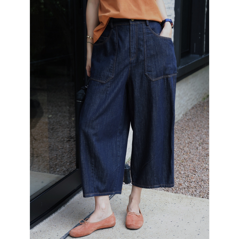 Tt Designer [Lan Chuan Kuobu] Artistic Elastic Waist Hip-Covering Cotton Linen Jeans for Women, Summer Breathable Casual Pants