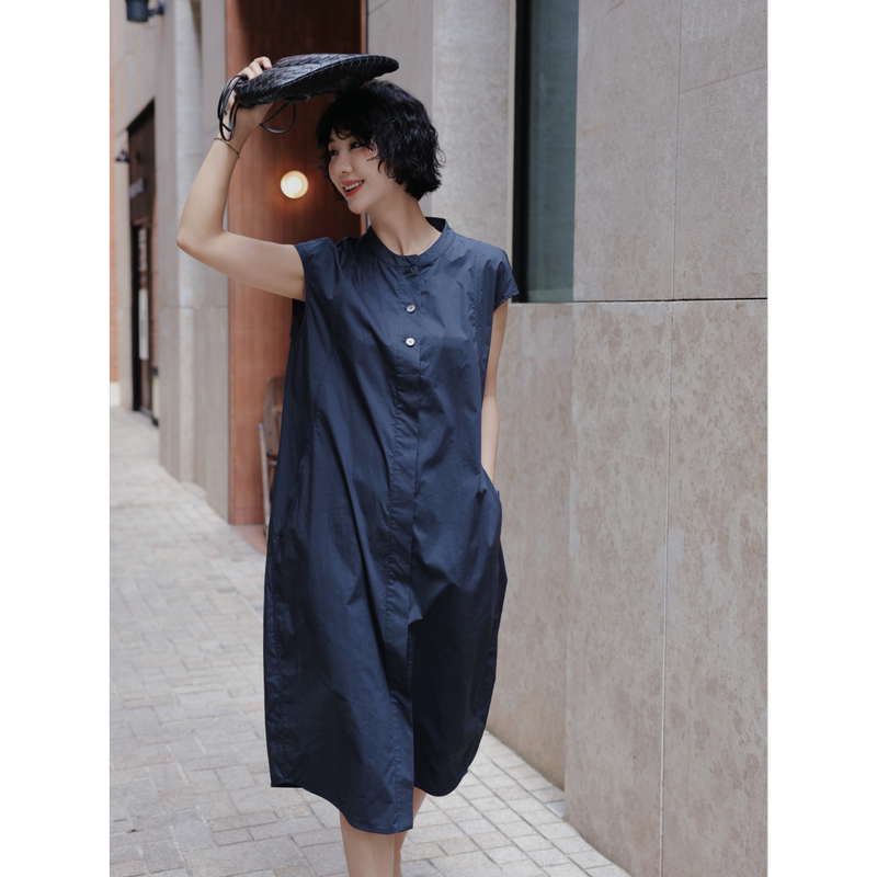 Tt Designer [Dreamland] 100% Cotton Washed Loose Shell Button Sleeveless Dress Women's Summer Straight Skirt